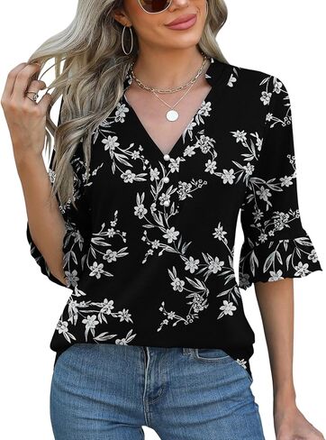 Rapbin Womens 3/4 Length Sleeve Blouses Ruffle Cuffs V Neck Button Down Shirts Dressy Flowy Tunic Tops in Kuwait