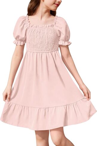 BesserBay Girls Summer Puff Sleeve Ruffle Smocked Square Neck Midi Dress 4-14 Years in Saudi Arabia
