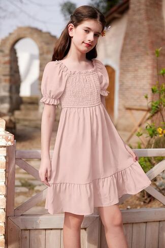 BesserBay Girls Summer Puff Sleeve Ruffle Smocked Square Neck Midi Dress 4-14 Years in Saudi Arabia