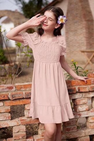 BesserBay Girls Summer Puff Sleeve Ruffle Smocked Square Neck Midi Dress 4-14 Years in Saudi Arabia