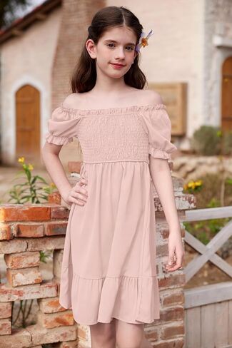 BesserBay Girls Summer Puff Sleeve Ruffle Smocked Square Neck Midi Dress 4-14 Years in Saudi Arabia