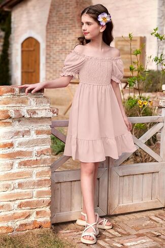 BesserBay Girls Summer Puff Sleeve Ruffle Smocked Square Neck Midi Dress 4-14 Years in Saudi Arabia