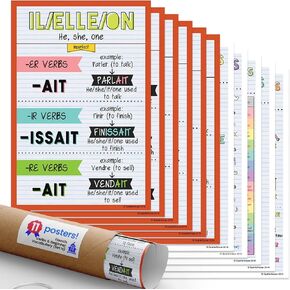Quarterhouse French Verbs & Beginner Vocabulary (Set H) Poster Set, French Classroom Learning Materials for K-12 Students and Teachers, Set of 11, 12 x 18 Inches, Extra Durable