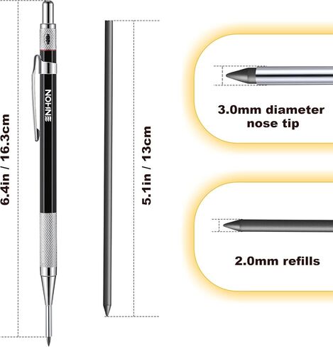 Enhon 2mm Mechanical Carpenter Pencil Set with 12 Marker Refills and Sharpener, Woodworking Marking Tool Solid Deep Hole Construction Pencil, Extended Needle-Nose Tip for Use in Jobs (Black) in Kuwait