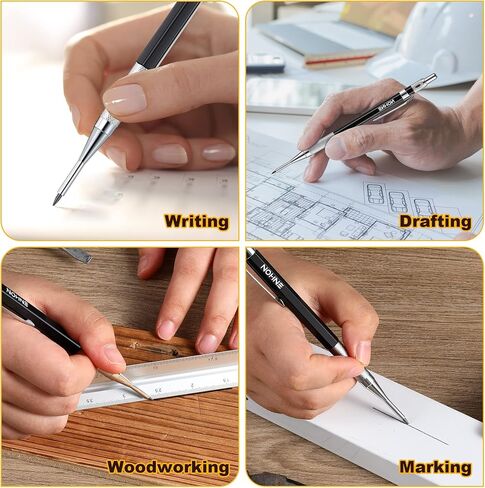 Enhon 2mm Mechanical Carpenter Pencil Set with 12 Marker Refills and Sharpener, Woodworking Marking Tool Solid Deep Hole Construction Pencil, Extended Needle-Nose Tip for Use in Jobs (Black) in Kuwait