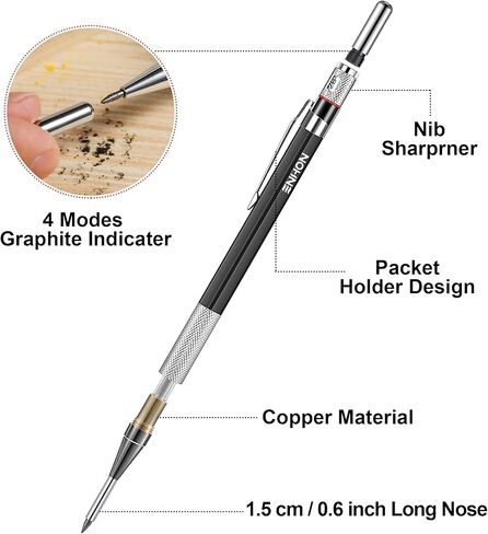 Enhon 2mm Mechanical Carpenter Pencil Set with 12 Marker Refills and Sharpener, Woodworking Marking Tool Solid Deep Hole Construction Pencil, Extended Needle-Nose Tip for Use in Jobs (Black) in Kuwait