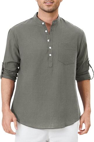 Enlision Mens Cotton Linen Henley Shirts Casual Long Sleeve Summer Beach Shirt Hawaii Hippie Button Down T-Shirt for Men in Kuwait