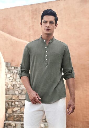 Enlision Mens Cotton Linen Henley Shirts Casual Long Sleeve Summer Beach Shirt Hawaii Hippie Button Down T-Shirt for Men in Kuwait