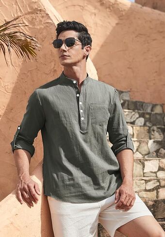 Enlision Mens Cotton Linen Henley Shirts Casual Long Sleeve Summer Beach Shirt Hawaii Hippie Button Down T-Shirt for Men in Kuwait
