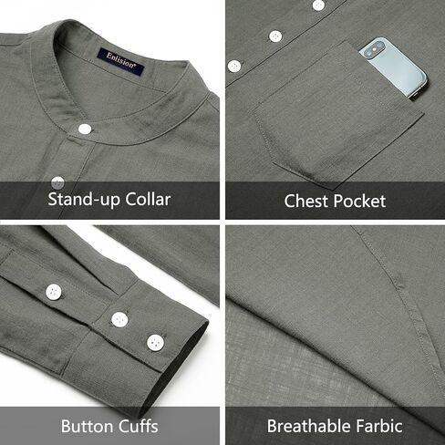 Enlision Mens Cotton Linen Henley Shirts Casual Long Sleeve Summer Beach Shirt Hawaii Hippie Button Down T-Shirt for Men in Kuwait