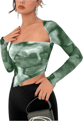 SOLY HUX Women's Tie Dye Tees Long Sleeve Square Neck T-Shirt Asymmetrical Y2k Going Out Crop Tops in Kuwait