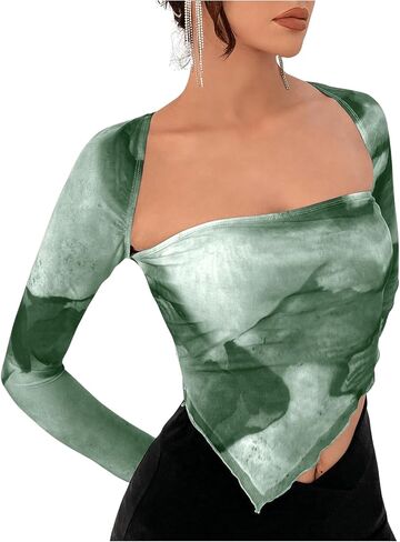 SOLY HUX Women's Tie Dye Tees Long Sleeve Square Neck T-Shirt Asymmetrical Y2k Going Out Crop Tops in Kuwait