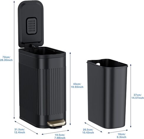 BETHEBEST 4 Gallon/15 Liter Trash Can with Soft Close Lid,Stainless Steel Trash Can with Removable Wastebasket, Rectangular Garbage Can for Bathroom,Kitchen,Office,Black in Kuwait