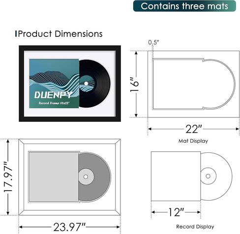 Vinyl Record Display Frame 16x22 Inches Display Record Album and 12.5x12.5 Album Cover Art（Black Bottom Mat） Wall Mount in Kuwait
