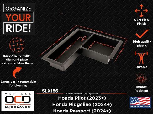 Vehicle OCD - Center Console Organizer for Honda Pilot (2016-2022) / Honda Ridgeline (2017-2023) / Honda Passport (2019-2023) - Made in USA in Kuwait