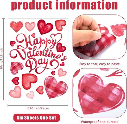 6 Sheet Valentine’s Day Window Sticker Decorations Double-Sided Heart Window Clings Removable Reusable Valentine’s Day Window Cling Decals for Home Wedding Anniversary Party Decors in Kuwait