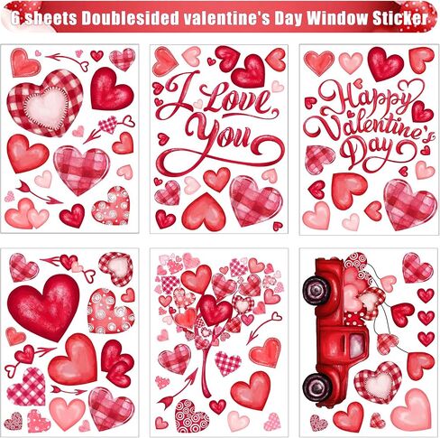 6 Sheet Valentine’s Day Window Sticker Decorations Double-Sided Heart Window Clings Removable Reusable Valentine’s Day Window Cling Decals for Home Wedding Anniversary Party Decors in Kuwait