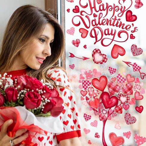 6 Sheet Valentine’s Day Window Sticker Decorations Double-Sided Heart Window Clings Removable Reusable Valentine’s Day Window Cling Decals for Home Wedding Anniversary Party Decors in Kuwait