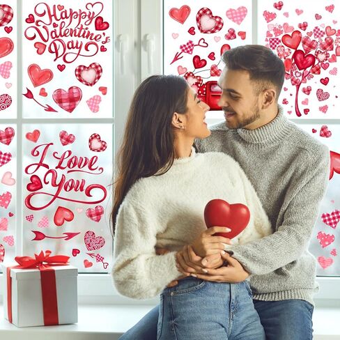 6 Sheet Valentine’s Day Window Sticker Decorations Double-Sided Heart Window Clings Removable Reusable Valentine’s Day Window Cling Decals for Home Wedding Anniversary Party Decors in Kuwait