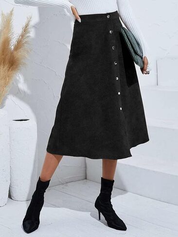 Corduroy Skirt, A-Line High Waist Skirts Long Skirts for Women, Buttons Down Straight Casual Fall Skirt in Kuwait