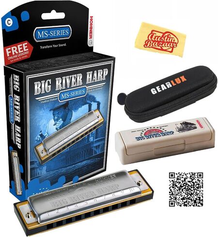 Hohner Big River Harp MS Harmonica - Key of A Bundle with Zip Case, Instructional Manual, and Austin Bazaar Polishing Cloth in Saudi Arabia