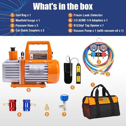 BACOENG R1234yf AC Vacuum Pump and Gauge Set, 4 CFM HVAC Vacuum Pump and Manifold Gauge Set with Leak Detector for R1234yf Refrigerant, with Can Tap and Quick Couplers in Kuwait