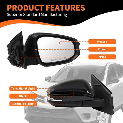 Right Passenger Side Mirror Assembly Compatible with RAV-Four 2013-2015 Textured Black Side Door Mirror with Power Adjustment Rearview Mirror Replace 87910-42B70 (3Pins Black) in Kuwait