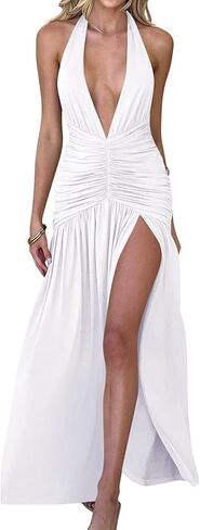 Memoriesea Women's Sexy Halter Deep V Neck High Slit Ruched Party Cocktail Maxi Dress in Kuwait