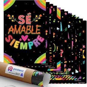 Quarterhouse Spanish Motivational (Black) Poster Set, Spanish Classroom Learning Materials for K-12 Students and Teachers, Set of 12, 12 x 18 Inches, Extra Durable