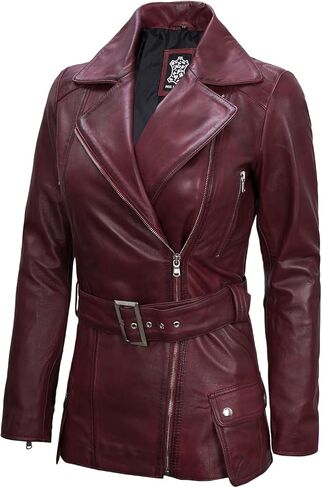 سترة جلدية نسائية غير متماثلة من Decrum - سترات من جلد الخراف الحقيقي بحزام للنساء in Kuwait