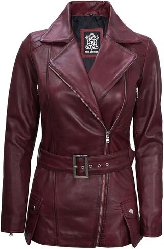 سترة جلدية نسائية غير متماثلة من Decrum - سترات من جلد الخراف الحقيقي بحزام للنساء in Kuwait