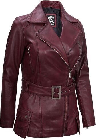 سترة جلدية نسائية غير متماثلة من Decrum - سترات من جلد الخراف الحقيقي بحزام للنساء in Kuwait