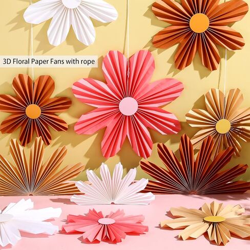 Containlol 12 Pcs Flower Paper Fans Decorations Daisy Flower Hanging Paper Fans Set Retro Floral Fans 3D Ornaments for Wedding Baby Shower Birthday Party Decor(Multicolor,Daisy) in Kuwait