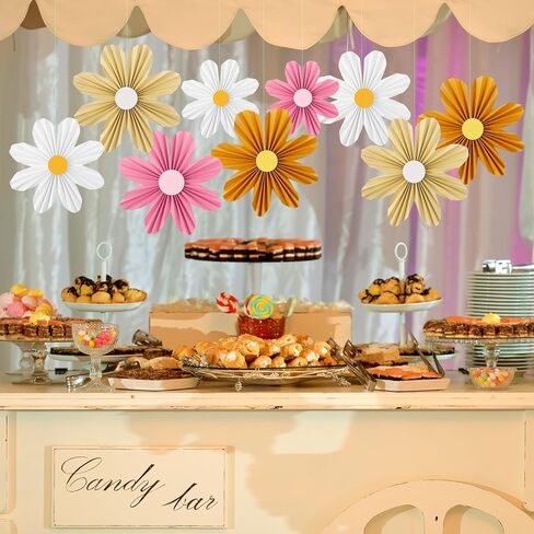 Containlol 12 Pcs Flower Paper Fans Decorations Daisy Flower Hanging Paper Fans Set Retro Floral Fans 3D Ornaments for Wedding Baby Shower Birthday Party Decor(Multicolor,Daisy) in Kuwait