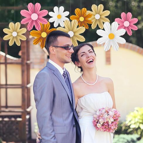 Containlol 12 Pcs Flower Paper Fans Decorations Daisy Flower Hanging Paper Fans Set Retro Floral Fans 3D Ornaments for Wedding Baby Shower Birthday Party Decor(Multicolor,Daisy) in Kuwait