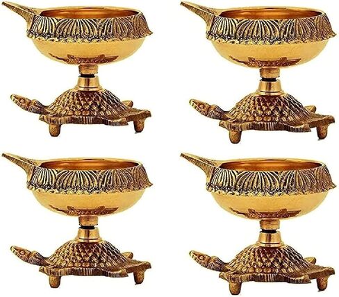 SATVIK 10 Pc Big Size Heavy Brass Kuber Turtle Diya for Diwali Decoration Handmade Oil Lamp with Golden Engraved Virgin Brass Metal Diwali Diya Vilakku for Puja Pooja Indian Deepawali Gift Items in Saudi Arabia