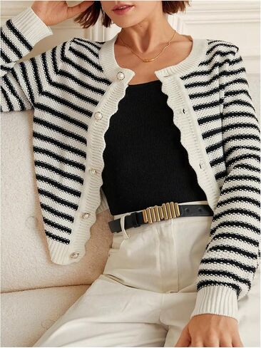 GORGLITTER Women's Contrast Binding Plaid Button Down Sweater Cardigan Color Block Long Sleeve Sweaters Outerwear in Saudi Arabia