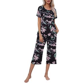 Ekouaer Women's Pajamas Set Short Sleeve Sleepwear Top Capri Pants Pjs Sets Soft Loungewear S-XXL in Kuwait