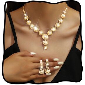 Nicute Rhinestone Pearl Bridal Wedding Jewelry Set Sparkly Crystal Necklace Earrings Set Prom Costume for Women