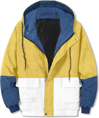 Betusline Men's Retro Long Sleeve Color Block Corduroy Jacket with Hood, XS-3XL in Saudi Arabia