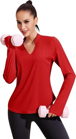 قمصان اليوغا الرياضية للسيدات من PINSPARK بأكمام طويلة ورقبة على شكل حرف V مع فتحات للإبهام، قمصان رياضية سريعة الجفاف وفضفاضة in Kuwait