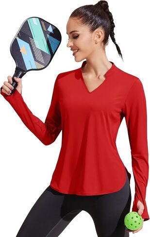 قمصان اليوغا الرياضية للسيدات من PINSPARK بأكمام طويلة ورقبة على شكل حرف V مع فتحات للإبهام، قمصان رياضية سريعة الجفاف وفضفاضة in Kuwait