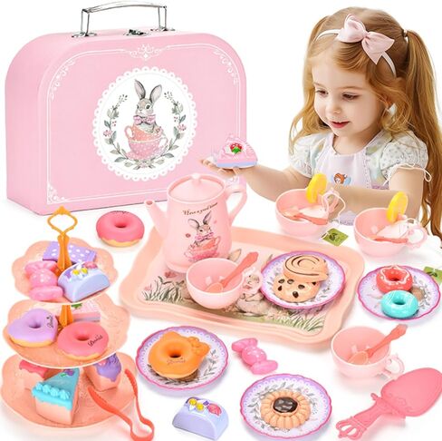 Toddler Farm Theme Tea Set for Girls 3-5, 47PCS Plastic Barn Animal Pretend Play Tea Party Set with Teapot, Cups, Tray, Desserts & Story Cards, Carrying Case Pink Gift Toy for Kids in Kuwait