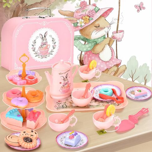 Toddler Farm Theme Tea Set for Girls 3-5, 47PCS Plastic Barn Animal Pretend Play Tea Party Set with Teapot, Cups, Tray, Desserts & Story Cards, Carrying Case Pink Gift Toy for Kids in Kuwait