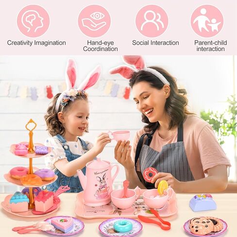 Toddler Farm Theme Tea Set for Girls 3-5, 47PCS Plastic Barn Animal Pretend Play Tea Party Set with Teapot, Cups, Tray, Desserts & Story Cards, Carrying Case Pink Gift Toy for Kids in Kuwait
