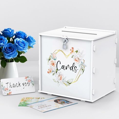 White Wedding Card Box with Lock, Elegant PVC Wedding Gift Card Box with Rose Printing, DIY Wedding Money Envelope Card Receiving Box for Graduation Bridal Shower Birthday Party Decorations in Kuwait