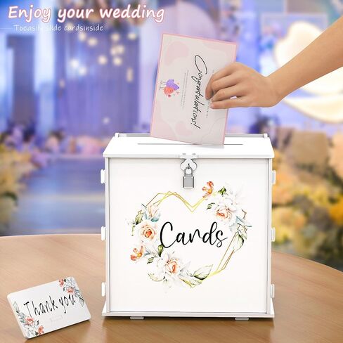 White Wedding Card Box with Lock, Elegant PVC Wedding Gift Card Box with Rose Printing, DIY Wedding Money Envelope Card Receiving Box for Graduation Bridal Shower Birthday Party Decorations in Kuwait
