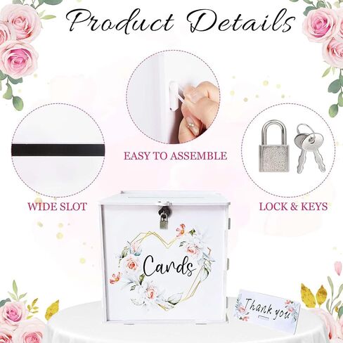 White Wedding Card Box with Lock, Elegant PVC Wedding Gift Card Box with Rose Printing, DIY Wedding Money Envelope Card Receiving Box for Graduation Bridal Shower Birthday Party Decorations in Kuwait
