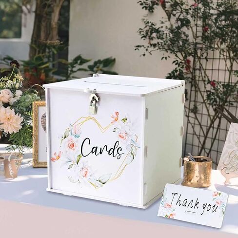 White Wedding Card Box with Lock, Elegant PVC Wedding Gift Card Box with Rose Printing, DIY Wedding Money Envelope Card Receiving Box for Graduation Bridal Shower Birthday Party Decorations in Kuwait