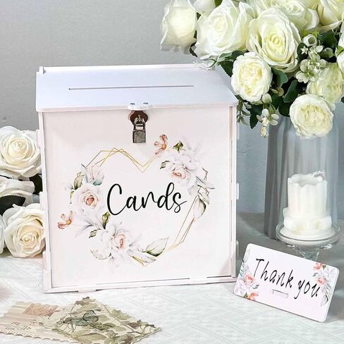 White Wedding Card Box with Lock, Elegant PVC Wedding Gift Card Box with Rose Printing, DIY Wedding Money Envelope Card Receiving Box for Graduation Bridal Shower Birthday Party Decorations in Kuwait